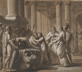 Scena z historii rzymskiej, przedstawiająca młodzieńca odbierającego zbroję od umierającego..., koniec XVIII-poł. XIX w.
