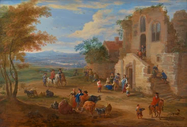 Pejzaż z rozdawaniem jałmużny przed zrujnowanym opactwem, ok. 1650-90 (olej na płycie)