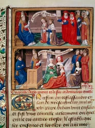 Reprezentacja soboru w Clermont w 1095 pod przewodnictwem papieża Urbaina II (1042-1099) głoszącego pierwszą krucjatę. Miniatura zaczerpnięta z rękopisu „Speculum historiale” (Le Mirror historial) Vincenta de Beauvais (1184/94-1264)