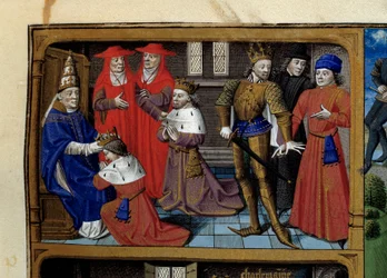Sceny z życia Karola Wielkiego (742-814), króla Franków: koronacja przez papieża Leona III. Miniatura zaczerpnięta z rękopisu „Speculum historiale” (Zwierciadło historyczne) Wincentego z Beauvais (1184/94-1264), iluminowanego przez Mistrza François (15)