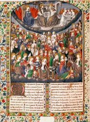 Niebiański dwór czyli panowanie wiecznego szczęścia Miniatura zaczerpnięta z „De civitate dei” (Miasto Boga) św. Augustyna z Hippony (354-430) przez mistrza Francois (XV w.) 1470 Chantilly, muzeum conde