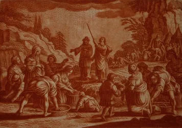 Izraelici zbierają mannę, ilustracja z Biblii, sztychowana przez Gabriela Bodeneera (1673-1766) (rycina w sepii)