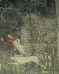 Mężczyźni polujący z psami, fragment dekoracji z La Chambre du Cerf Pokój Kawalerski 1347 fresk
