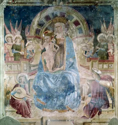Dziewica z Dzieciątkiem w otoczeniu świętych i aniołów Fresk Matteo da Gualdo (ok. 1435-1507) Bazylika św. Franciszka (San Francesco), Kościół Górny, Asyż