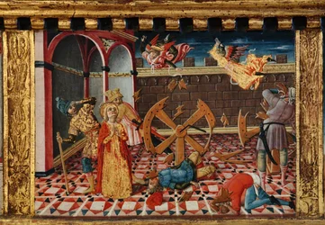 Madonna z Dzieciątkiem i świętymi Jakubem, Augustynem, Bernardynem i Małgorzatą, pierwsze dekady XIV wieku (tempera na panelu)