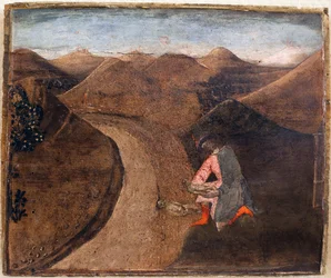 Legenda o Romulusie i Remusie: Amulius kładzie bliźniaków na Tybrze. Obraz Matteo di Giovanni (1430-1495), detrempe na drewnie, 28,5 x 34 cm. Sztuka włoska XV wiek. Musee des Beaux Arts de Libourne.