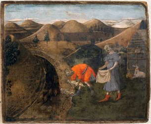 Legenda o Romulusie i Remusie: Legenda o Romulusie i Remusie. Obraz Matteo di Giovanni (1430-1495), wydrukowany na drewnie, 29,5 x 35 cm. Sztuka włoska XV wiek. Muzeum Sztuk Pięknych w Libourne.