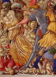 Rzeź niewiniątek, detal żołnierza przygotowującego się do ugodzenia dziecka oraz otaczającej rzezi, 1482, detal 106233
