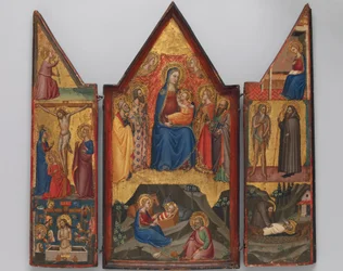 Madonna z Dzieciątkiem na tronie ze świętymi... , a poniżej Narodzenia..., ok. godz. 1380-90.