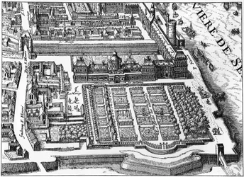 Paryż: pałac i ogród Tuileries w 1615 r., faksymile planu Mathieu Meriana.
