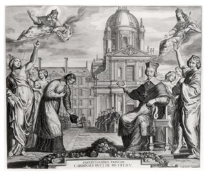 Robert de Sorbon (1201-94) i kardynał Richelieu (1575-1642) przed Sorboną, rytowane przez Grégoire