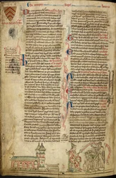 Royal 14C VII, f.138v Opactwo Westminsterskie i Sanktuarium św. Edwarda; po prawej papież Innocenty IV na soborze w Lyonie, ilustracja z „Historii Anglorum”