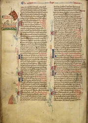 Royal 14 C. VII, f.116v Rysunek na marginesie przedstawiający króla Henryka III płynącego przez kanał La Manche do Bretanii, z fragmentem tekstu własnoręcznego autora, ilustracja z „Historii Anglorum”