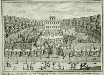Widok na rezydencję książęcą w pobliżu Monachium, z "Erlustierende Augenweide in Vorsetellung Herrliche Garten", rycina Karla Remsharda (1678-1735), wydana ok. 1725 r. (rycina)