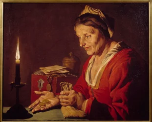 Chciwość - Stara kobieta patrzy na swoje złote monety, które właśnie wyszła ze swojej kryjówki, w świetle świecy - Obraz Mathiasa Stomera (Matthias Stom) (1600-1650) Ec Flam