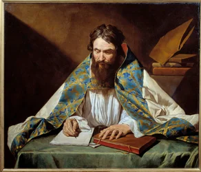 Portret św. Ambrożego (340-397), wigilia Mediolanu - Obraz Mathiasa Stomera (Matthias Stom) (1600-1650) Ec Flam, około 1633-1639 - Olej na płótnie - Słońce: 1,10x1,30m - Rennes, Musee des Beaux Arts - Portret św. Ambrożego (lub Ambroise, 340-397), biskupa