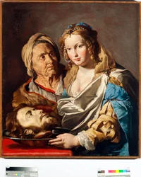 Salome z głową św. Jana Chrzciciela na srebrnej płycie Obraz Mathias Stomer (Matthias Stom) (1600-apres 1655) Dim 100x90 cm Genes, Musei di Strada Nuova (ex Palazzo Bianco) Włochy