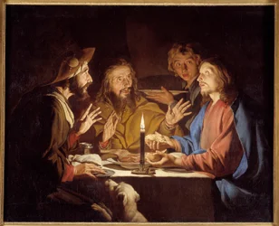Uczniowie z Emaus Chrystus ukazują się pelerinom siedzącym przy stole w karczmie w Emaus - Obraz Mathiasa Stomera (Matthias Stom) (1600-1650) XVII w. Słońce 1,3x1,64 m Grenoble, Musee des Beaux Arts