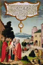 Królestwo Niebios jest jak sieć, która została wrzucona do morza i zebrała wszelkiego rodzaju ryby (Mt 13) ilustracja nauczania Chrystusa, fragment skrzydła z Ołtarza Mompelgartera
