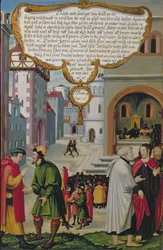 „Królestwo Niebios można porównać do króla, który postanowił rozliczyć się ze swoimi sługami” (Mt 18, Łk 17), ilustracja do nauczania Chrystusa, fragment panelu skrzydła z Mompelgarter