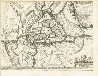 Beleg van Gent, 1708 Mapa oblężenia i ataków na miasto i cytadelę Gandawy oblegane przez wojska aliantów w dniu 22 grudnia 1708 r. pod przewodnictwem księcia i księcia Marlborough (tytuł na obiekcie)