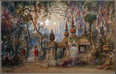 Scenografia do opery Rusłan i Ludmiła M. Glinki par Shishkov Matvei Andreyevich (1832-1897). Pióro, pędzel, akwarela, tusz i biały kolor na papierze