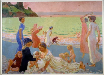 Wrześniowy wieczór Młode kobiety i dzieci na plaży pod koniec dnia, matka karmi piersią, inni bawią się w rakietach śnieżnych, 1911 (olej na płótnie)