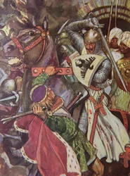 Odwróć się, Templariuszu o fałszywych sercach!. Puść tę, której nie jesteś godny dotykać!., ilustracja z „Ivanhoe dla chłopców i dziewcząt”, powtórzona przez Alice Jackson, wyd. 1924