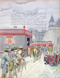 Armand-Jean du Plessis, kardynał Richelieu (1585-1642) podróżujący w lektyce jako starzec, ilustracja z życia Richelieu autorstwa Theodore Camu, 1910