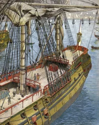 Bombardowanie i pożar miasta Algier w 1682 roku: Abraham markiz Duquesne (w latach 1604-1610-88), oficer marynarki francuskiej, spogląda ze swojego statku na efekt bombardowań. Chromotypografia w „”Le Roy Soleil”” (Ludwik XIV) Gu