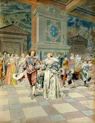Historia Francji: George Villiers, książę Buckingham (1592-1628) na dworze francuskim, zasiał swoje perły pod śladami dworzan. Ilustracja Maurice