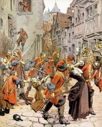 Les Dragonnades (1681-1685): rozpędzenie protestanckiej rodziny przez oddziały smoków, których zadaniem było nawracanie protestantów. Chromotypografia w „Le Roy Soleil” (Ludwik XIV) Gustave Toutwelve, ilustracja Maurice Leloir (1853-1940)