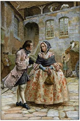 Pierwsze spotkanie - w „Historii Manon Lescaut i kawalera Des Grieux” autorstwa abbé Prévosta (1697-1763), francuskiego pisarza. Rycina według rysunków Maurice