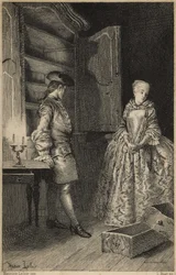 Odkrycie kradzieży - w „Histoire de Manon Lescaut et du chevalier Des Grieux” Abbé Prévosta (1697-1763), pisarza francuskiego. Rycina według rysunków Maurice
