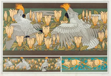 Projekt bordiury tapety z kakadu i magnolią, opublikowany w 1897