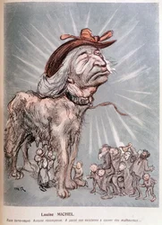 Karykatura Louise Michel jako psa „”rasa nowofundlanda (Nowa Fundlandia), bez rekompensaty, spędziła swoje życie ratując nieszczęśników”.