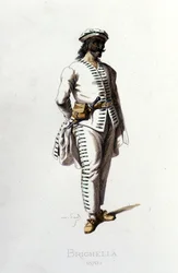 Postać Brighelli w 1570 roku. Maurice Sand „”Maski i błaznów”” Paryż XIX wiek. (Maurice Sand był synem George Sand).
