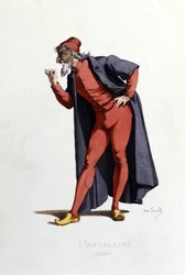 Kostium i postać teatralna: Pantalone (en fr. Pantalone, doctor) czerpie z „”Masques et bouffons”” (komedia włoska: Commedia dell