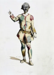 Arlekin (Arlecchino) z «Masques et bouffons» (komedia włoska), tekst i rysunki Maurice