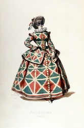 Strój i maska Arlekina w 1855 roku, kobieca postać Arlekina w commedia dell