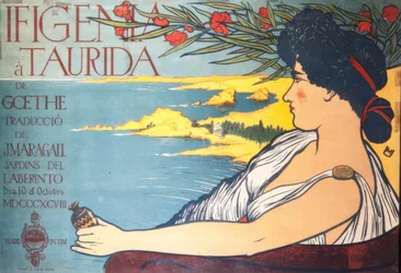 Modernistyczny plakat przedstawiający sztukę teatralną Goethego „Figenia a Taurida”