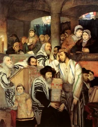 Żydzi modlący się w synagodze w święto Jom Kippur