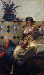 ""Serenada au harem"" (Serenada w haremie) Peinture de Ferdinand Max Bredt (1860-1921) - Olej na płótnie Ciemny 85x52 cm Kolekcja prywatna