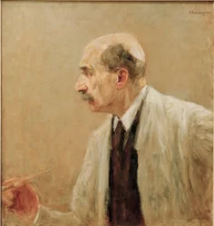 Autoportret w malarskim fartuchu, z profilu z lewej strony