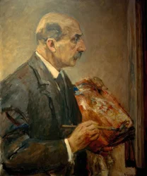 Autoportret z paletą na sztalugach, z profilu po