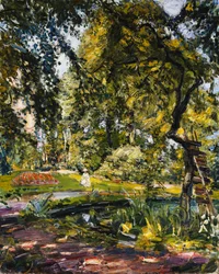 Ogród w Godrammstein ze skręconym drzewem i stawem; Ogród w Godrammstein z zarośniętym drzewem i stawem, 1910