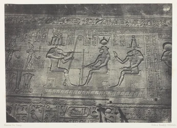 Wielka Świątynia w Denderah (Teutyres), rzeźby z tylnej fasady; Górny Egipt, płyta 19 z albumu "Egypte, Nubie, Palestine et Syrie" (1852)