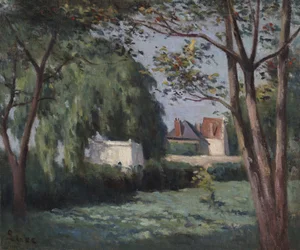 Scena wiejska z trzema domami i drzewami, ok. 1900