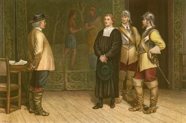 James Durham postawiony przed Oliverem Cromwellem (kolorowa rycina)