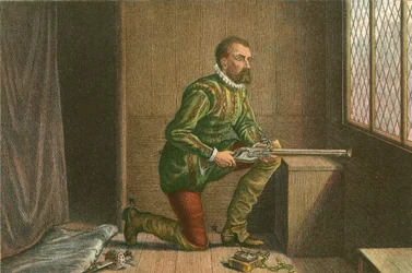James Hamilton czekający na zbliżającego się regenta Moraya (kolorowy grawerunek)